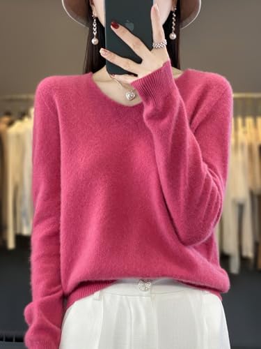 100% Merino Wool Sweaters Women's Female Fall Winter Warm Soft Knitted Loose Pullover V-Neck Long Sleeves(201)3