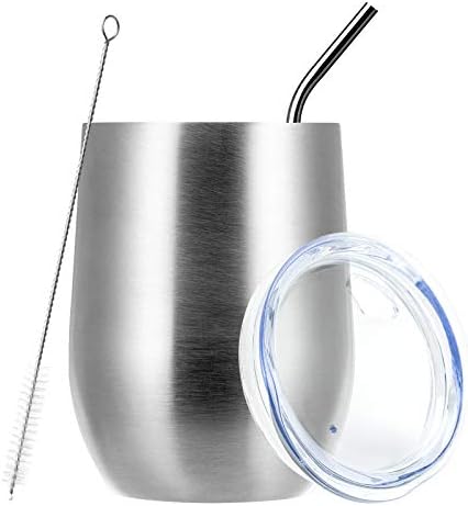 MEWAY Stemless 12oz Wine Tumbler Glasses with Lid -Insulated Double Wall Vacuum Stainless Steel Travel Tumbler with Straw,Gift for Woman Under 10 Dollars (Silver,1)