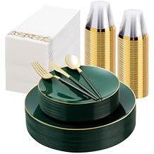 175 Pieces Green Gold Plastic Dinnerware Set, Gold Disposable Plates for Party, Include 50 Green Plates with 75 Plastic Cutlery, 25 Napkins and 25 Cups