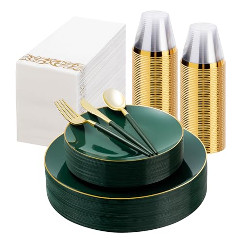 175 Pieces Green Gold Plastic Dinnerware Set, Gold Disposable Plates for Party, Include 50 Green Plates with 75 Plastic Cutlery, 25 Napkins and 25 Cups