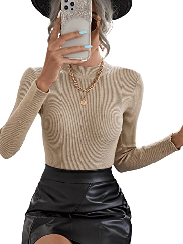 Sweatyrocks Women's Long Sleeve Mock Neck Top Ribbed Knit Slim Fit Pullover Sweater Camel M #TOP3