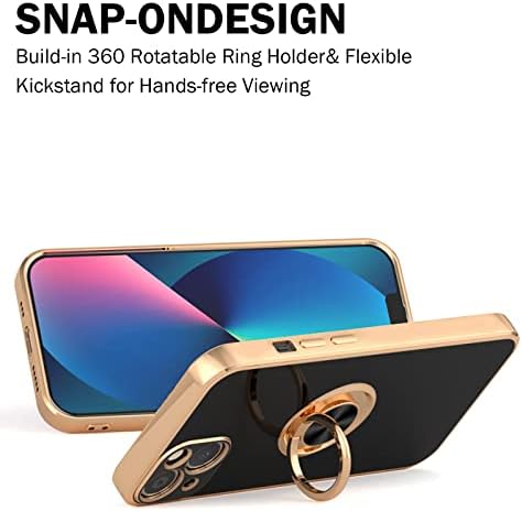 YIRSUR Case Compatible with iPhone 13 6.1", with 2 Screen Protector, with Ring Holder Plating Rose Gold Edge 360° Kickstand Cover Slim Soft Flexible TPU Protective Phone Cases -Black
