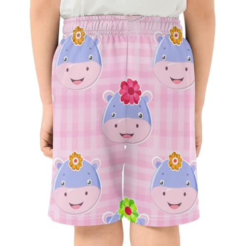 J JOYSAY Cartoon Hippo Flowers Boys Athletic Shorts Kids Youth Casual Shotrs with Pockets Elastic Waistband3