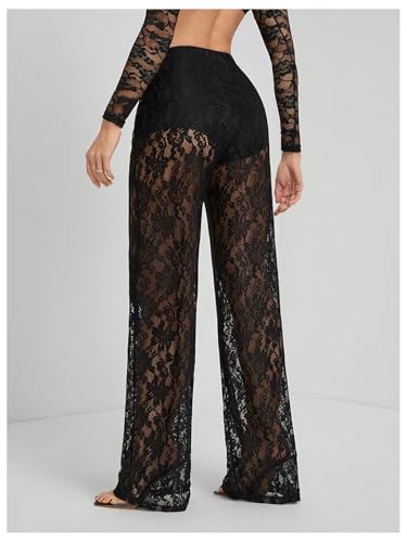 GORGLITTER Women's Lace Pants Sheer Mesh Wide Leg Pants See Through High Waist Going Out Grunge Trousers3