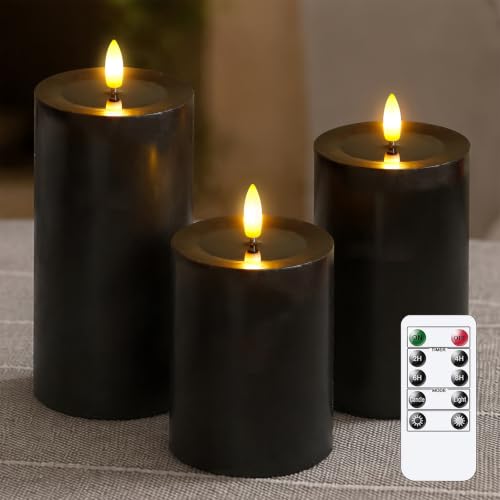 Image of Yeelida Halloween Remote Flameless Flickering Pillar Candles with Candle Grease Effect,Pack of 3 Black LED Battery Oprated 2 /4 /6 /8 Hours Timer Real Wax Electric Candles(3x4,5,6 Inches)