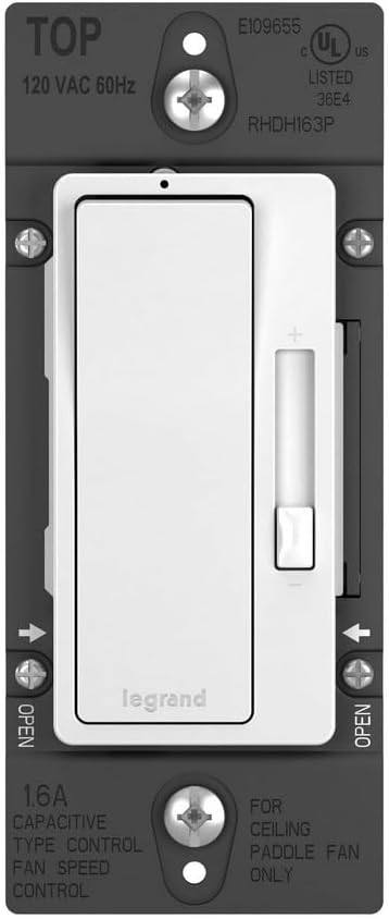 Legrand Radiant 1.6A Preset 3 Speed Decorator Rocker Fan Control Light Switch, For Smart Home Setup with Locator, Single Pole/3-Way, RHDH163PTCCCV6, White/Light Almond/Ivory, 1 Count