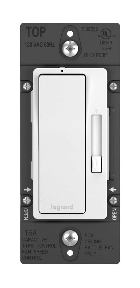 Legrand Radiant 1.6A Preset 3-Speed Decorator Rocker Ceiling Fan Control Switch with Locator Light, Single Pole/3-Way, RHDH163PWCCV6, White, 1 Count by Legrand - Used condition - US$19.51