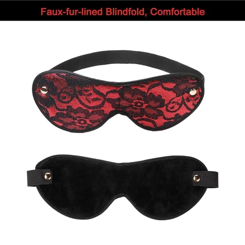 Image of Lace Blindfold and Faux-Fur-Lined Handcuffs Set, Red Soft Bondage Wrist Cuffs Kit Sex Play Toys for Adults