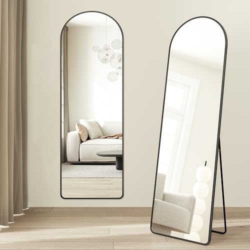 SONGMICS Full Length Mirror Arched Full Body Floor Mirror with Stand Aluminium Alloy Frame Tempered Glass for Bedroom Living Room Cloakroom Rounded Corner 150 x 40 cm Matte Black LFM055BD01