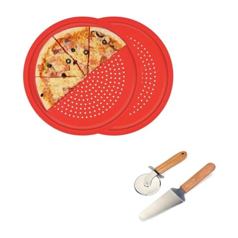 LYNG Pizza Pan 16 Inch With Pizza Cutter Pizza Pie Server, 2 Pack Silicone Nonstick Pizza Tray For Oven, Pizza Pan With Holes Dishwasher Safe, Suitable For Home Kitchen Dark Baking Red Cover