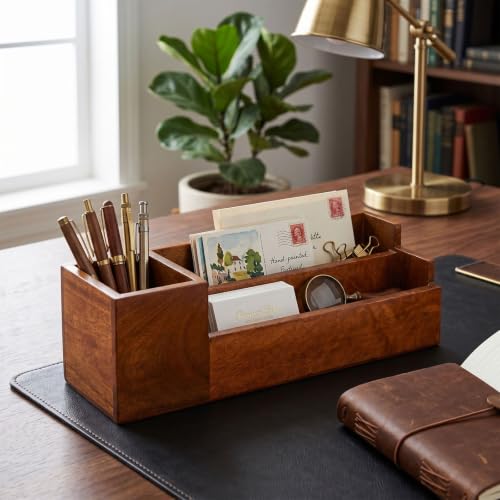 Image of Wooden Desk Organiser with Pen Holder, Mobile & Tablet Stand, Card Holder - Multi-Compartment Office Desk Organizer for Study Table, Bedside Table & Living Room | Walnut Finish