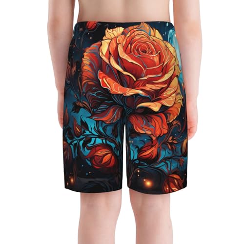 Boys Swim Trunks Beach Shorts Summer Surf Kids Youth Bathing Suits, Rose On Fire Burning Art Moon4