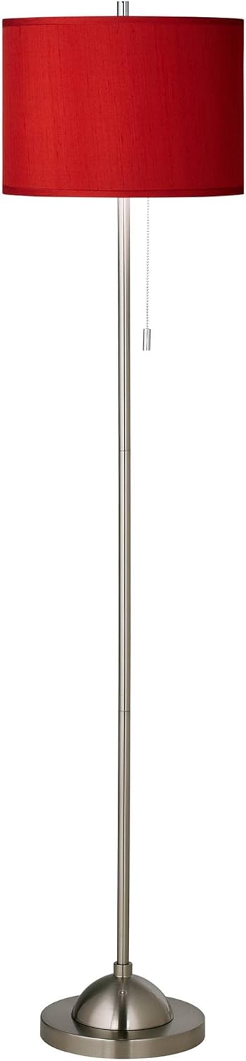 Possini Euro Design Modern Minimalist Pole Floor Lamp Standing 62" Tall Brushed Nickel China Red Textured Faux Silk Fabric Drum Shade for Living Room Reading House Bedroom Home Decor