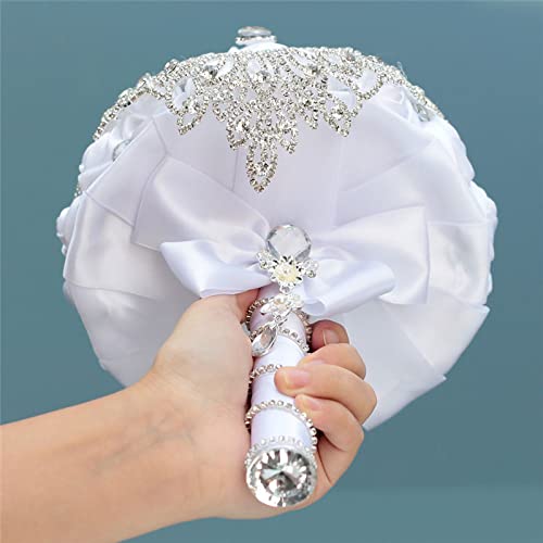 Uzicauzl New Handmade Sparking Diamond Brooch Jeweled Bridal Bridesmaid Bouquet Artificial Floral Satin Flowers Silver Crystal Rhinestone Forever Flowers (White) #TOP6