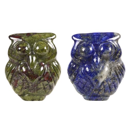 Justinstones Crystal Owl Figurines Set of 2 Dragon Blood Jasper & Lapis– 28mm Hand-Carved Healing Stone Animal Decor, Owl Spirit Totem Sculpture for Home, Office, Meditation, and Gift Collection