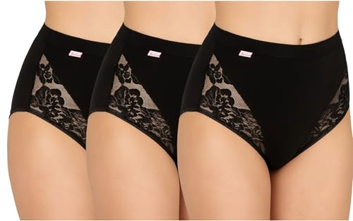 Womens Maxi Briefs Cotton Knickers With Lace High Waisted Ladies Pants Full Coverage Underwear Soft Breathable Comfortable Everyday Multipack – 3 Pairs (UK, Numeric, 16, Regular, Regular, Black)
