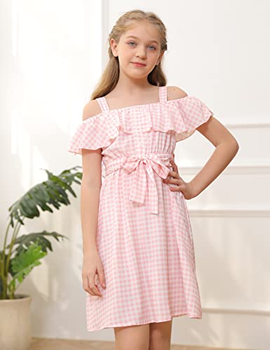 Girls Off Shoulder Summer Casual Dresses Plaid Print Ruffle Trim Tie Front A-Line Midi Swing Cami Sundress Pink #TOP1