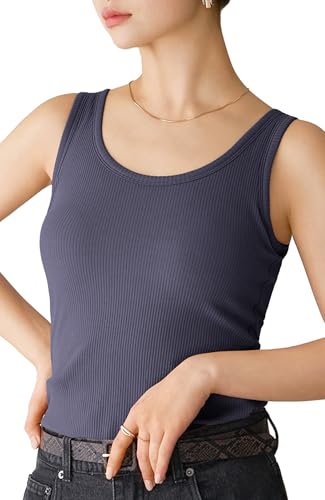 [バンビウォーター] カップ付き タンクトップ ブラトップ [特許取得] レディース 綿 リブ ブラ付き トップス 無地 (S,グレイッシュネイビー)