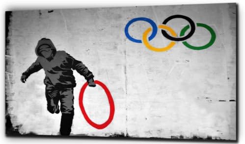 Plush Prints Banksy Olympic Rings Art Graffitti Canvas Print - Color: Black And White - Canvas Size: 20" X 32"