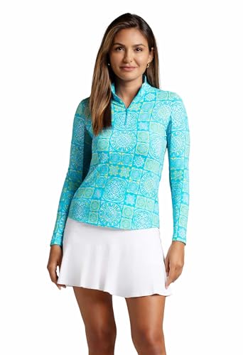 IBKUL Athleisure Wear Sun Protective UPF 50+ Icefil Cooling Tech Colette Print Long Sleeve Mock Neck Top – 10090 Turquoise/Lime Colette XXL
