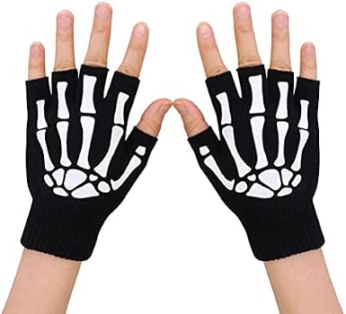 Halloween Skeleton Gloves Skull Bone Half Finger Gloves Glow in