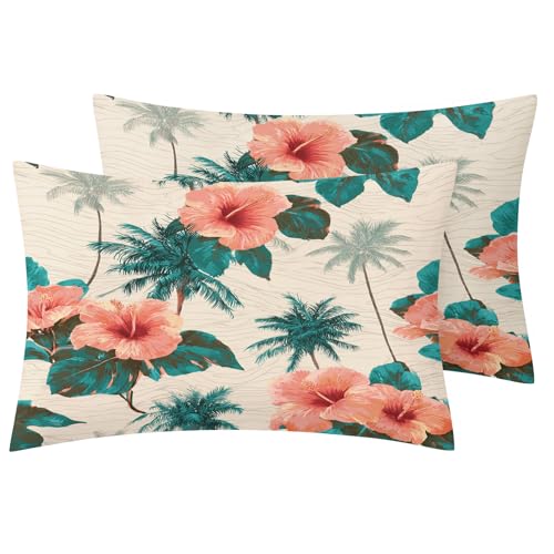 Generic Pink Hibiscus Pillow Cases Standard Size - Decorative Zipper Pillowcases, Soft Breathable Microfiber, Tropical Leaf Floral Design Pillow Covers Set of 2, Hawaiian Flower Decor for Home SLD&65