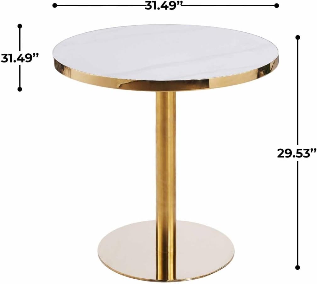 Round Dining Table, White MDF Top with Gold Metal Pedestal Base, 31.49 Inches, Mid-Century Modern Style, Compact Space-Saving Design