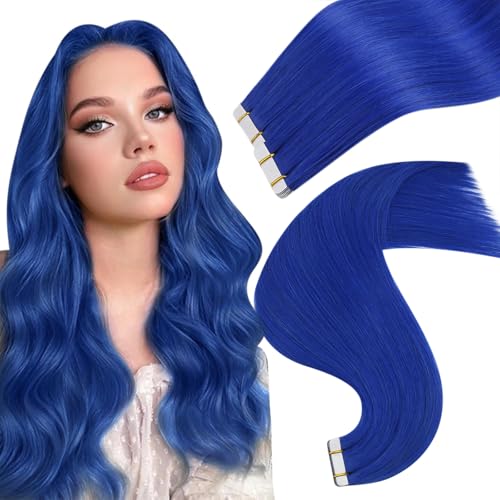 Image of Easyouth Tape in Hair Extensions Real Human Hair Blue Seamless Tape in Hair Extensions Human Hair Colored Tapes in Hair Extensions Real Human Hair 16 Inch 25G 10Pcs