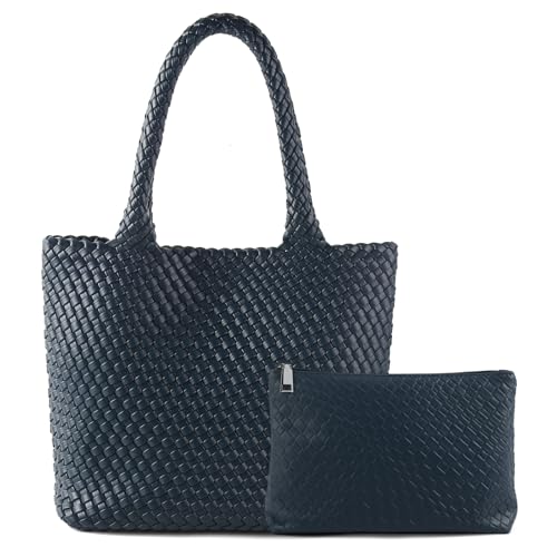 SLHFPX Women's Navy Blue Large Woven Tote Handbag Top Handle Shoulder Bag Vegan Leather Travel Beach Hobo Bag With Small Purse