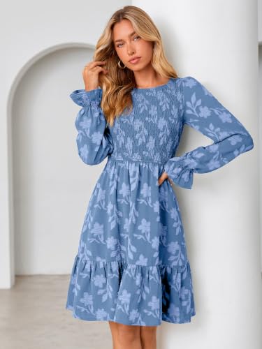 Simplee Womens Fall Long Sleeve Mini Dress Casual Babydoll Dresses Blue — view 4