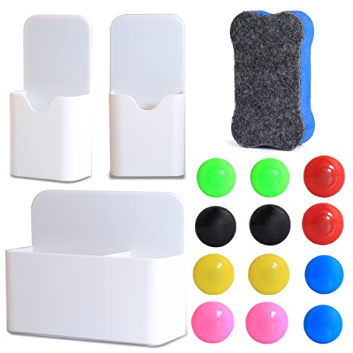 3 Stücke Magnetischer Stiftehalter, Magnetisch Markerhalterung mit 1 Stücke Whiteboard Schwamm und 12 Stücke Whiteboard Magnete für Kühlschrank, Whiteboard oder andere Magnetische Oberflächen