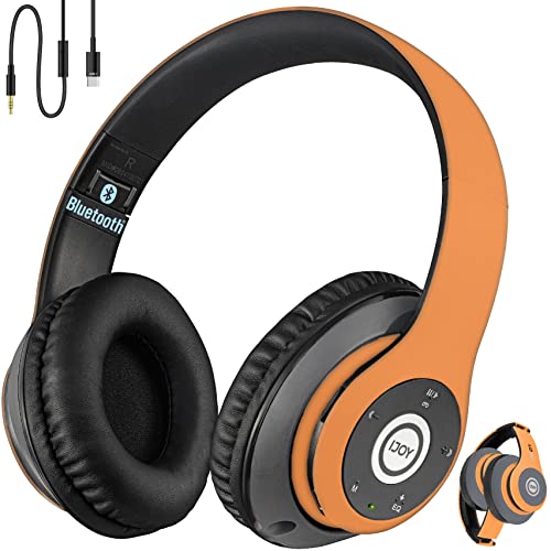 iJoy Bluetooth Headphones Over Ear, Wireless and Wired Foldable Headset Built-in Microphone, FM, Micro SD Card Slot - (Orange) Adults Kids Men Women