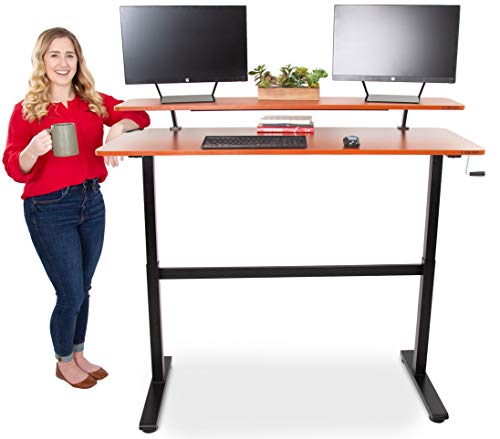 Stand Steady Tranzendesk 55 In Standing Desk With Clamp On Shelf | Crank Manual Height Adjustable Stand Up Desk With Attachable Monitor Riser | Holds 3 Monitors & Adds Extra Desk Space (55/Cherry) #TOP6