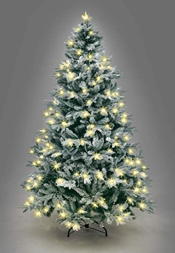 8Ft/2.4M Pre-Lit Lapland Fir Artificial Green Christmas Tree Snow Flocked PE PVC Mixed Tips Hinged Branches Bushy Xmas Home Snowy Decorations, with 400 Multicolour LEDs and Metal Stand