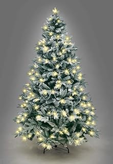 8Ft/2.4M Pre-Lit Lapland Fir Artificial Green Christmas Tree Snow Flocked PE PVC Mixed Tips Hinged Branches Bushy Xmas Home Snowy Decorations, with 400 Multicolour LEDs and Metal Stand