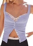 Picture of Neweek Women's Button Front Ribbed Pointelle Knit Picot Trim Tank Tops Square Neck Sleeveless Casual Slim Fitted 2026 Summer Y2K Shirts Purple