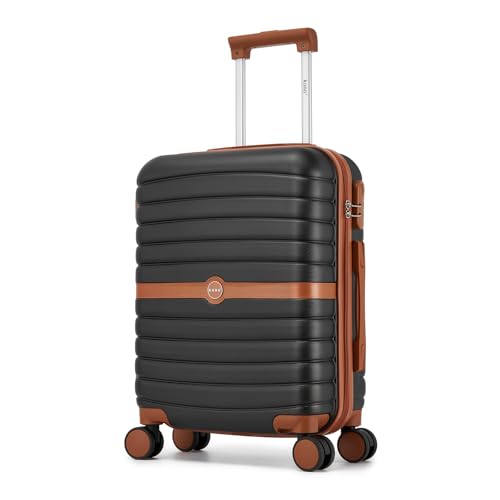Kono Cabin Suitcase 55x40x20 Lightweight ABS + PC Hard Shell Carry On Trolley Case Small Travel Hand Luggage with 3 Digit Combination Lock Spinner Wheels (Black/Brown)