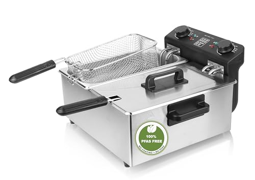 EMERIO 2x 3.0L Öl-Fritteuse mit Kaltzonen Technologie | Doppelkammer | Thermostat | kein bitterer Geschmack mehr | 3300 W | Tank aus Edelstahl | PFAS frei | einfache Reinigung | Thermostat | DF-120485