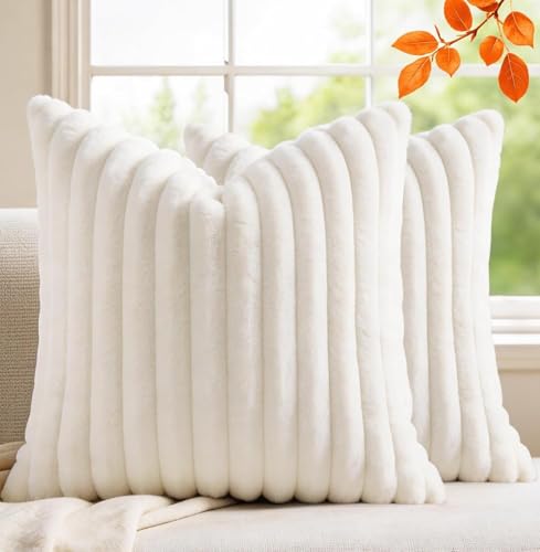 MEGAYES Set of 2 Decorative Throw Pillow Covers 18x18 Faux Fur, Soft Plush Striped Square Couch Cushion Cases with Velvet Back for Sofa Bed Living Room Modern Farmhouse Boho Euro, Cream White