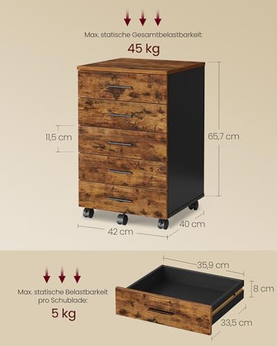 VASAGLE Rollcontainer, mobiler Aktenschrank, Schubladenschrank, Druckerständer mit 5 Schubladen, mit schraubenlosen Gleitschienen, für Büro, Homeoffice, vintagebraun OFC081KD02