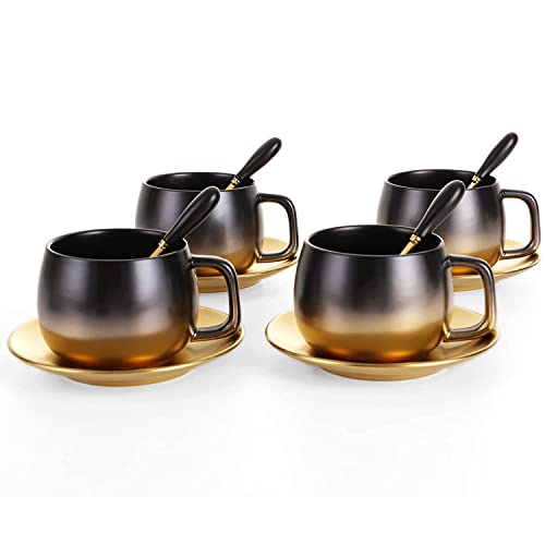 Lavekywasa European Style Tea Coffee Cup Set Black Gold Gradual Vintage Ceramic Cup Coffee Mug With Spoon&Saucer Set Used For Latte, Americano, Cappuccino, Tea, Beer (4 Pack) #TOP1