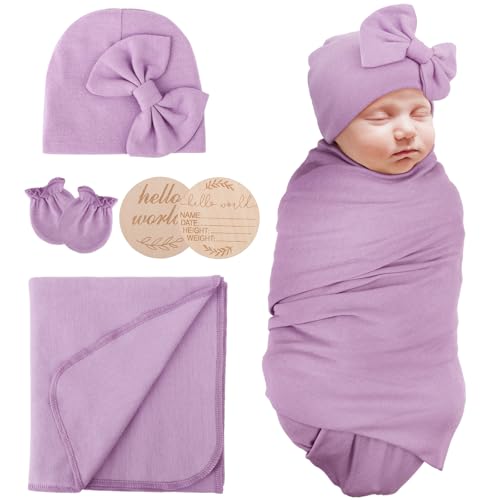 AQOKKA Newborn Receiving Blanket with Bow Hat Mittens Wooden Card Set Newborns Toddler Baby Boy Girl Nursery Swaddle Wrap