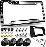 Tuersan American Flag License Plate Frame Patriotic USA Flag Car Tag Cover, Rust Rattle Proof Aluminum Holder with Mounting Hardware Kit,Rust Resistant Screws Bolts,Black Caps, Tire Valve Stem Caps