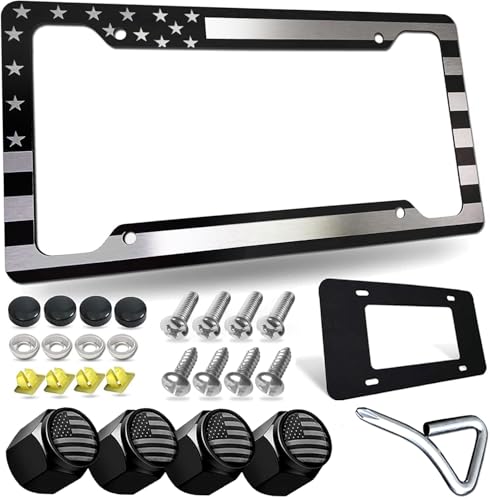 Tuersan American Flag License Plate Frame Patriotic USA Flag Car Tag Cover Rust Rattle Proof Aluminum Holder with Mounting Hardware Kit Rust Resistant Screws Bolts Black Caps Tire Valve Stem Caps