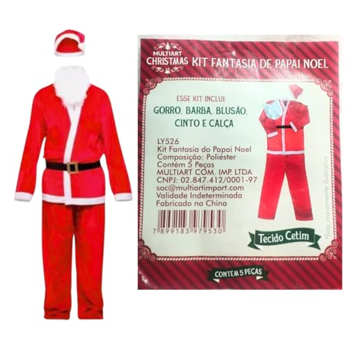 Fantasia de Natal Roupa Papai Noel Adulto Kit 5 Peças - Cetim
