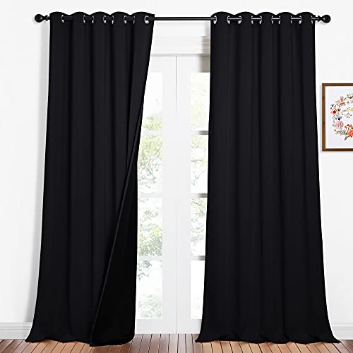 Image of NICETOWN Cold Blocking 100% Blackout Curtains, Durable Black Lined Blackout Curtains for Bedroom, Energy Saving Long Curtains for Patio Sliding Glass Door, Black, 62 inches x 95 inches, 2 Panels