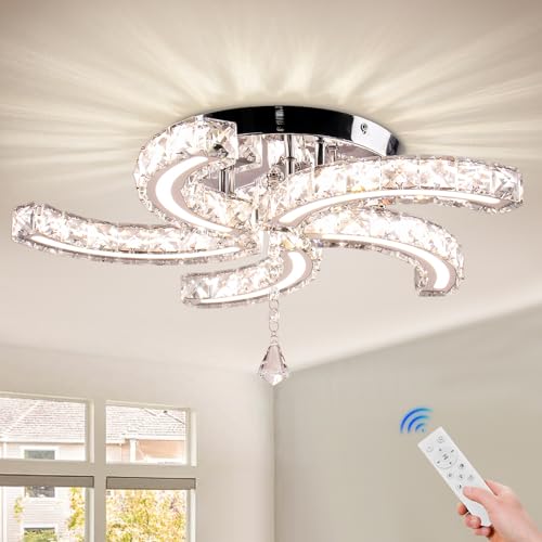 Finktonglan 19.7" Dimmable Crystal Chandeliers, Modern Crystal Ceiling Light, Remote Control and Smart APP Control, LED Flush Mount Chandeliers Ceiling Light for Dining Room Living Room Bedroom