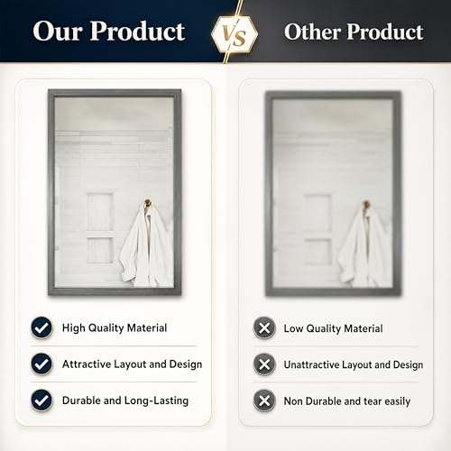 Image of Rousrie Premium Framed Glass Wall Mount Mirror, Decorative, for Bathroom, Bedroom, Living Room and Entryway, Wash Basin (14 by 20 Inch) (Greyish)