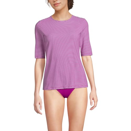 Lands' End Women's Sunshade UPF 50 Elbow Sleeve Relaxed Rash Guard X-Small Tall Crimson Rose Mini Stripe