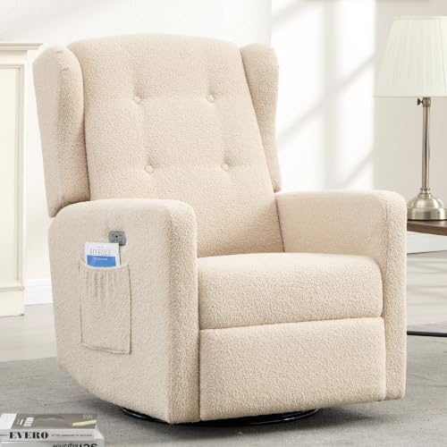 Image of Ketaiyou Power Swivel Rocking Recliner Chair, Electric Rocker Nursery Glider Chair, USB and Type-C Ports, Upholstered Teddy Fabric Reclining Single Sofa Chair for Living Room (Light Khaki)